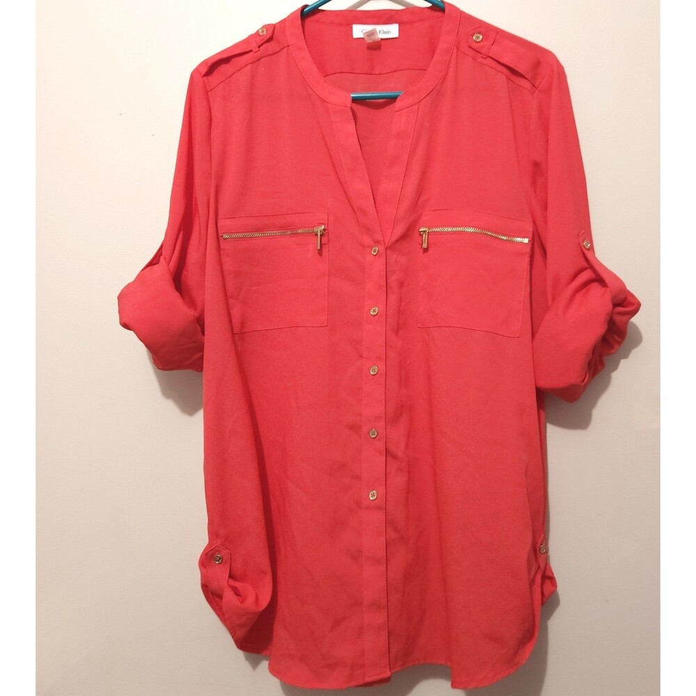 Calvin Klein Blouse Size XL  Color Coral Lightweight Roll Tab Sleeves